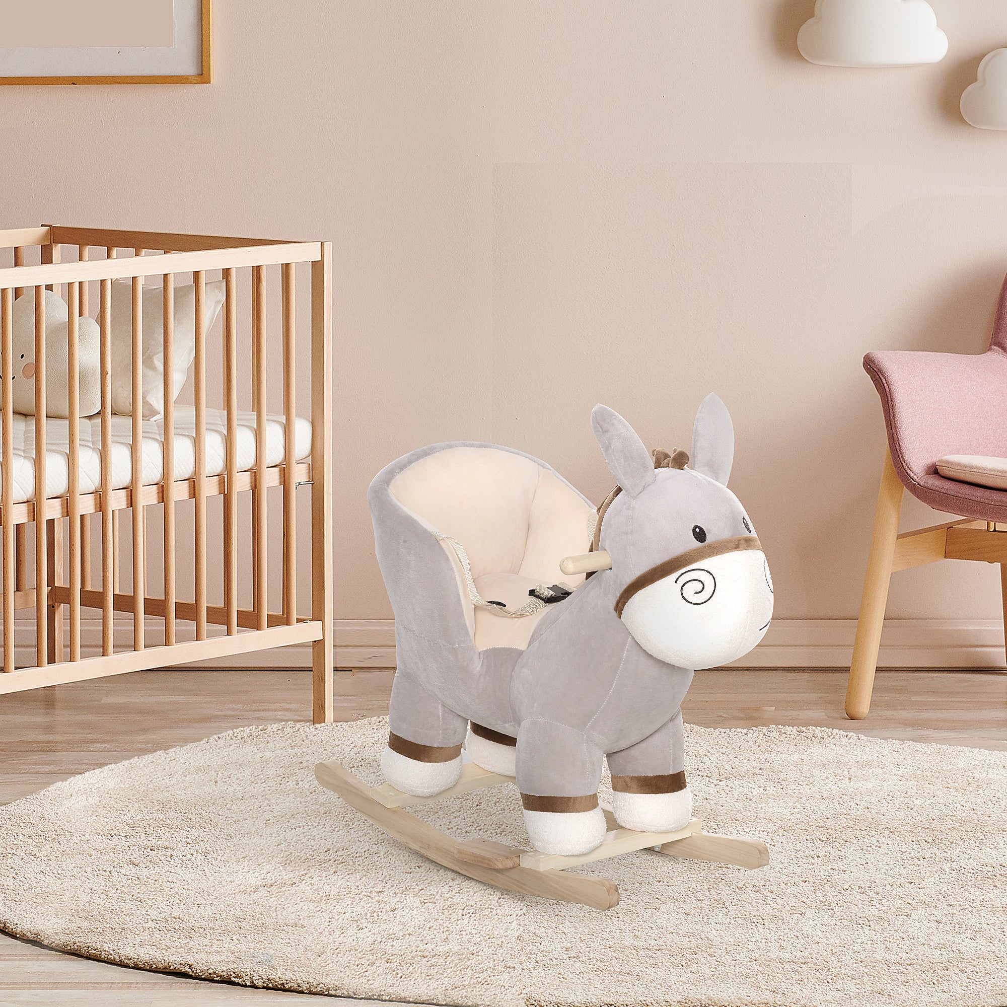 EasyComfort Dondolo Giocattolo a Forma di Asino per Bambini 18-36 in Legno di Pioppo e Peluche Grigio, Suoni Realistici