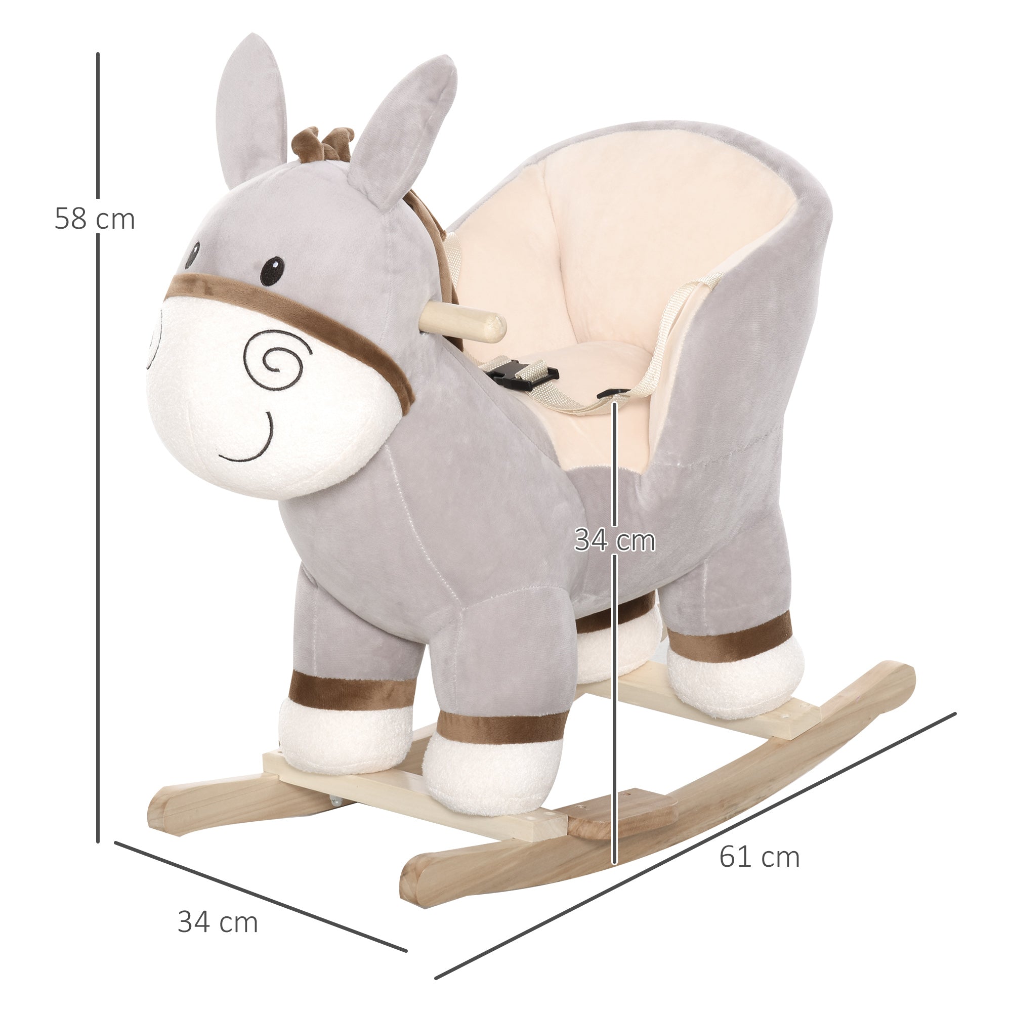 EasyComfort Dondolo Giocattolo a Forma di Asino per Bambini 18-36 in Legno di Pioppo e Peluche Grigio, Suoni Realistici