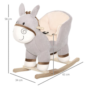 EasyComfort Dondolo Giocattolo a Forma di Asino per Bambini 18-36 in Legno di Pioppo e Peluche Grigio, Suoni Realistici
