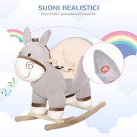 EasyComfort Dondolo Giocattolo a Forma di Asino per Bambini 18-36 in Legno di Pioppo e Peluche Grigio, Suoni Realistici