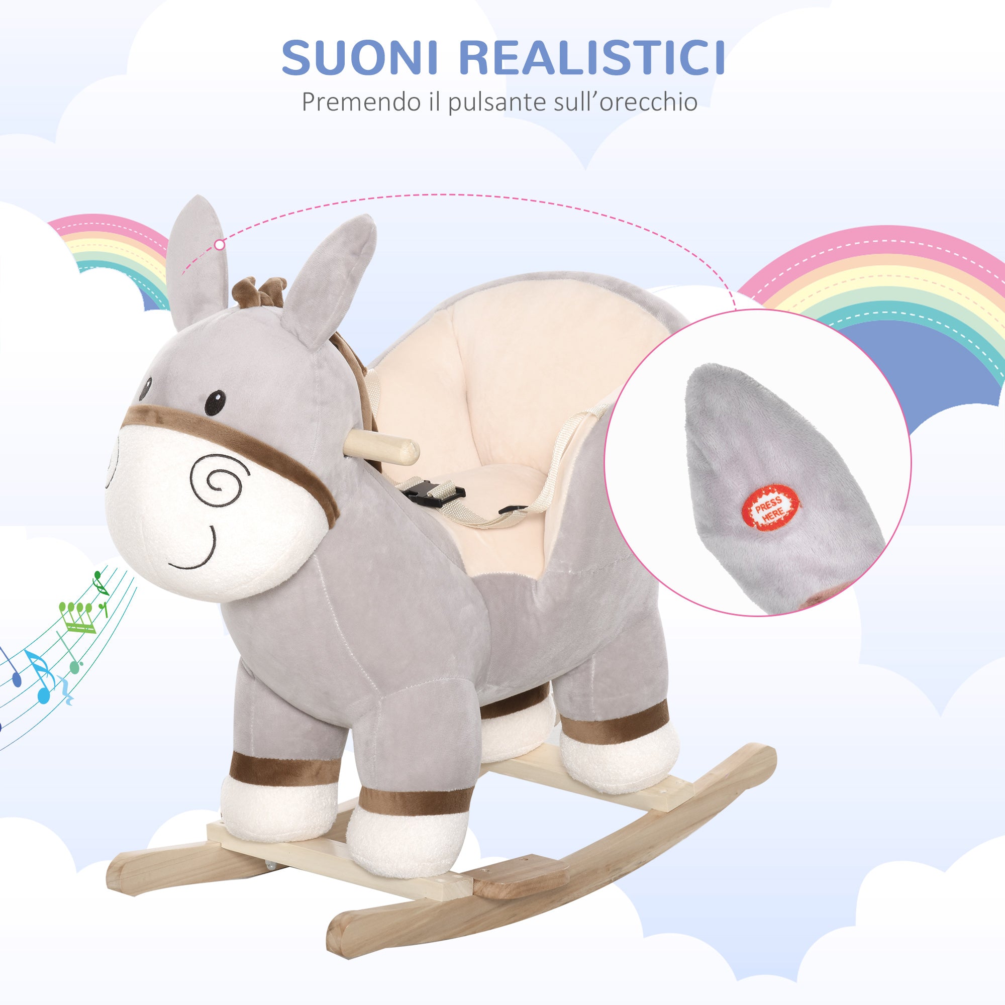 EasyComfort Dondolo Giocattolo a Forma di Asino per Bambini 18-36 in Legno di Pioppo e Peluche Grigio, Suoni Realistici