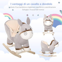 EasyComfort Dondolo Giocattolo a Forma di Asino per Bambini 18-36 in Legno di Pioppo e Peluche Grigio, Suoni Realistici