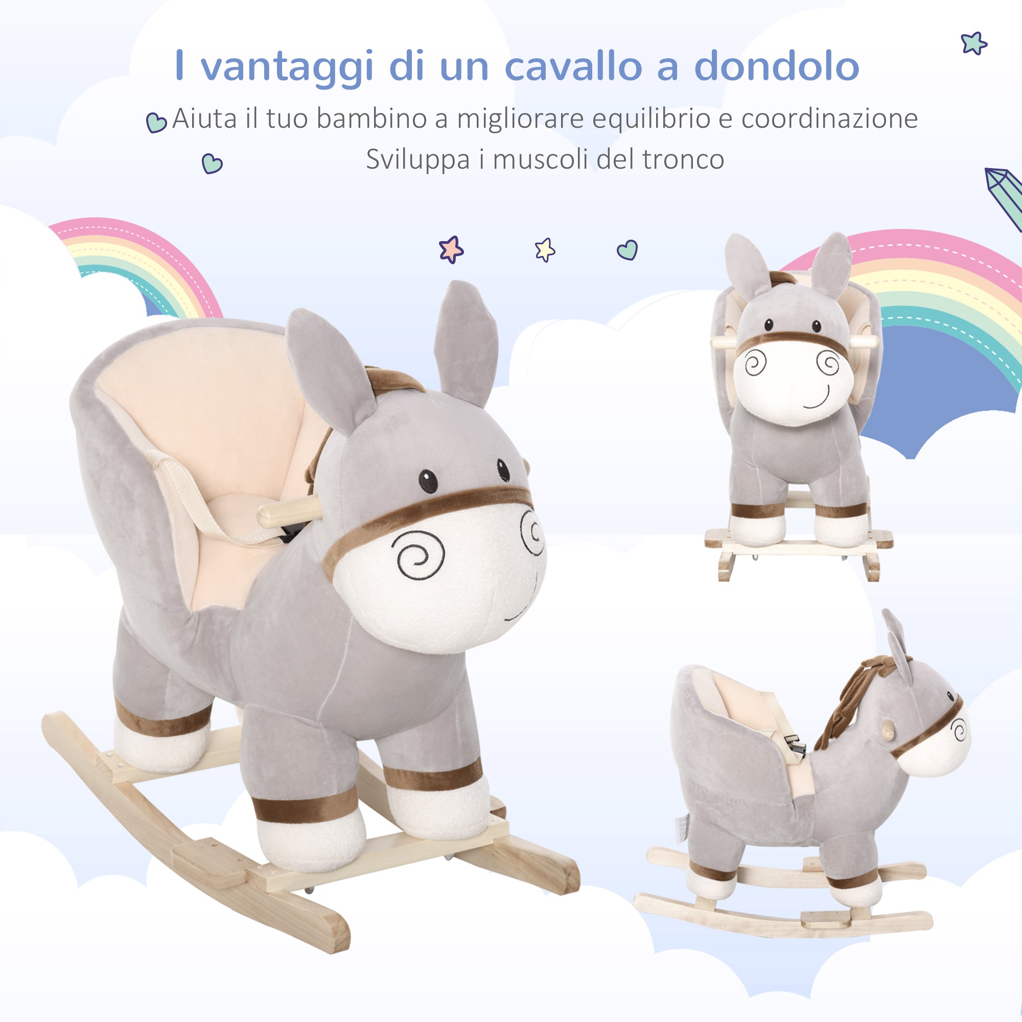 EasyComfort Dondolo Giocattolo a Forma di Asino per Bambini 18-36 in Legno di Pioppo e Peluche Grigio, Suoni Realistici