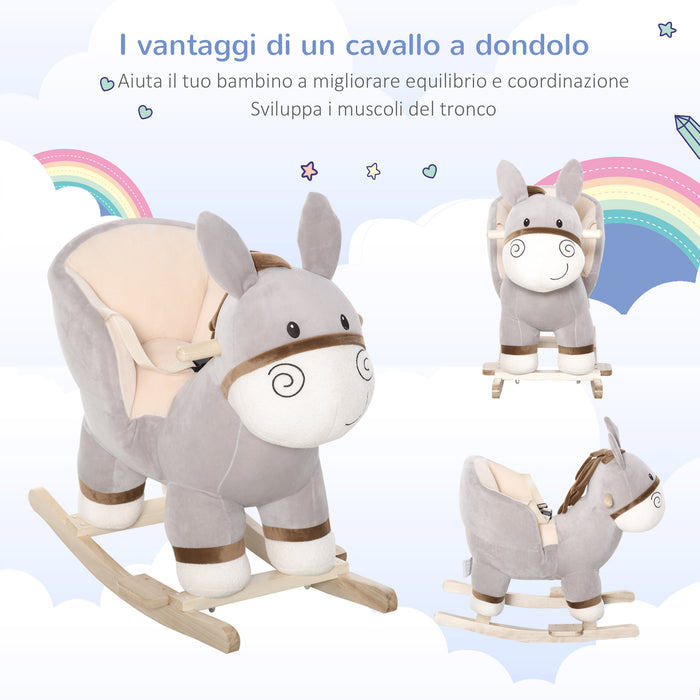 EasyComfort Dondolo Giocattolo a Forma di Asino per Bambini 18-36 in Legno di Pioppo e Peluche Grigio, Suoni Realistici