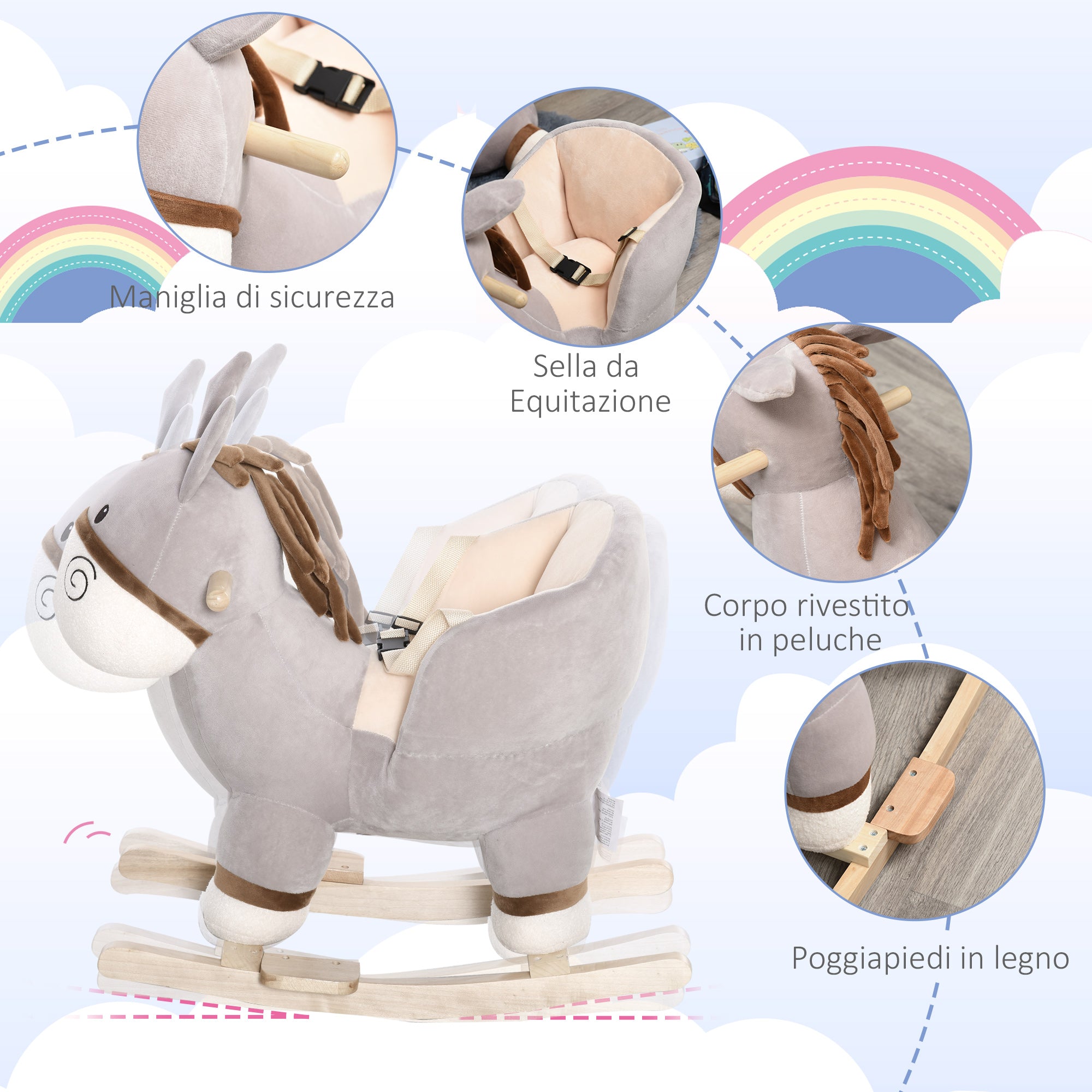 EasyComfort Dondolo Giocattolo a Forma di Asino per Bambini 18-36 in Legno di Pioppo e Peluche Grigio, Suoni Realistici