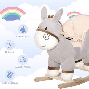 EasyComfort Dondolo Giocattolo a Forma di Asino per Bambini 18-36 in Legno di Pioppo e Peluche Grigio, Suoni Realistici