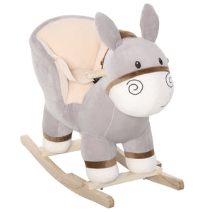 EasyComfort Dondolo Giocattolo a Forma di Asino per Bambini 18-36 in Legno di Pioppo e Peluche Grigio, Suoni Realistici