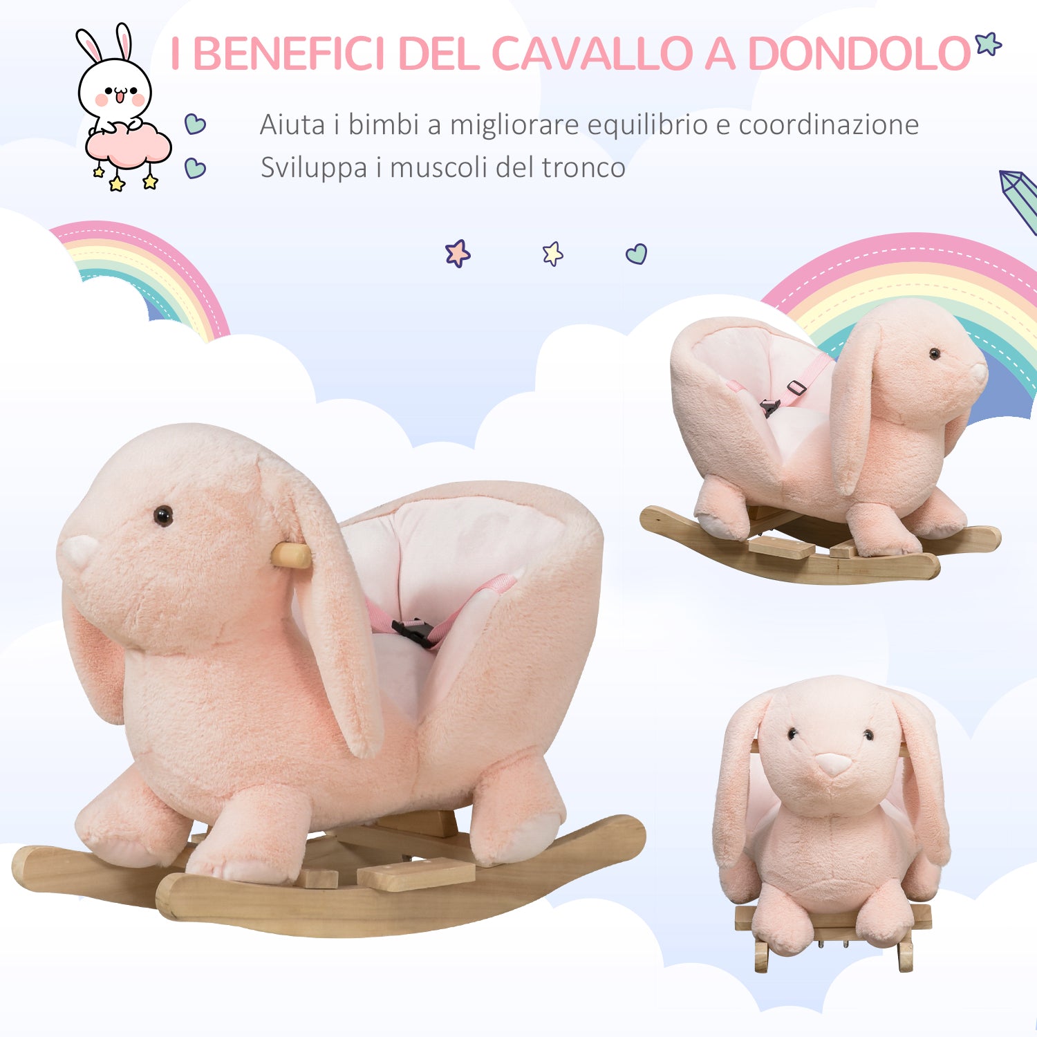 Easycomfort Dondolo Giocattolo a Forma di Coniglio Rosa per Bambini 18-36 Mesi (max 40kg) Suoni Realistici e Batterie Incluse