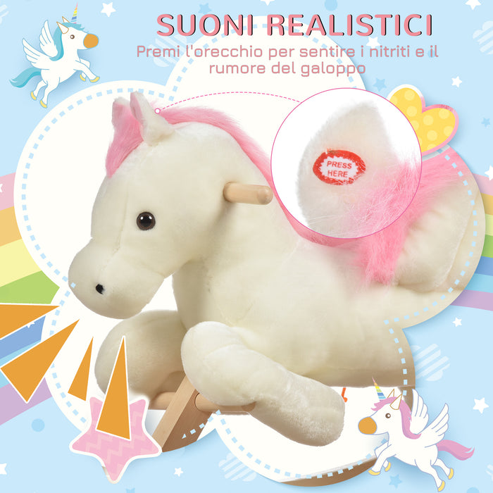 Easycomfort Cavallo a Dondolo Bianco e Rosa con Suoni e Struttura in Legno di Pioppo per Bambini 18-36 Mesi