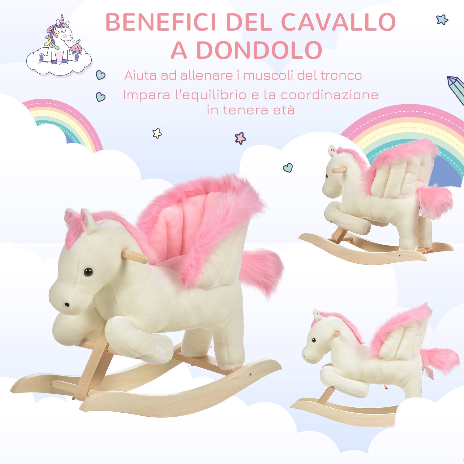 Easycomfort Cavallo a Dondolo Bianco e Rosa con Suoni e Struttura in Legno di Pioppo per Bambini 18-36 Mesi
