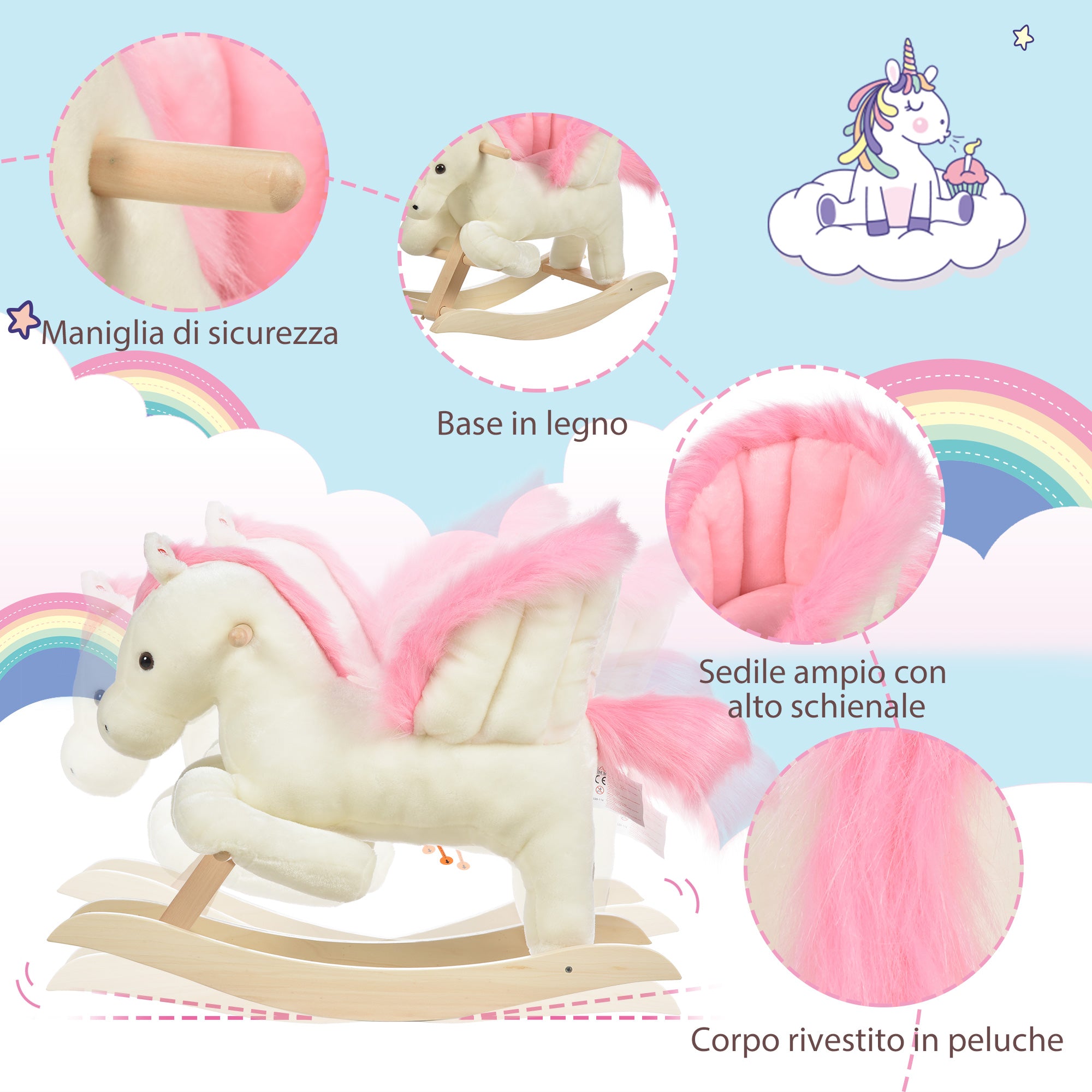 Easycomfort Cavallo a Dondolo Bianco e Rosa con Suoni e Struttura in Legno di Pioppo per Bambini 18-36 Mesi