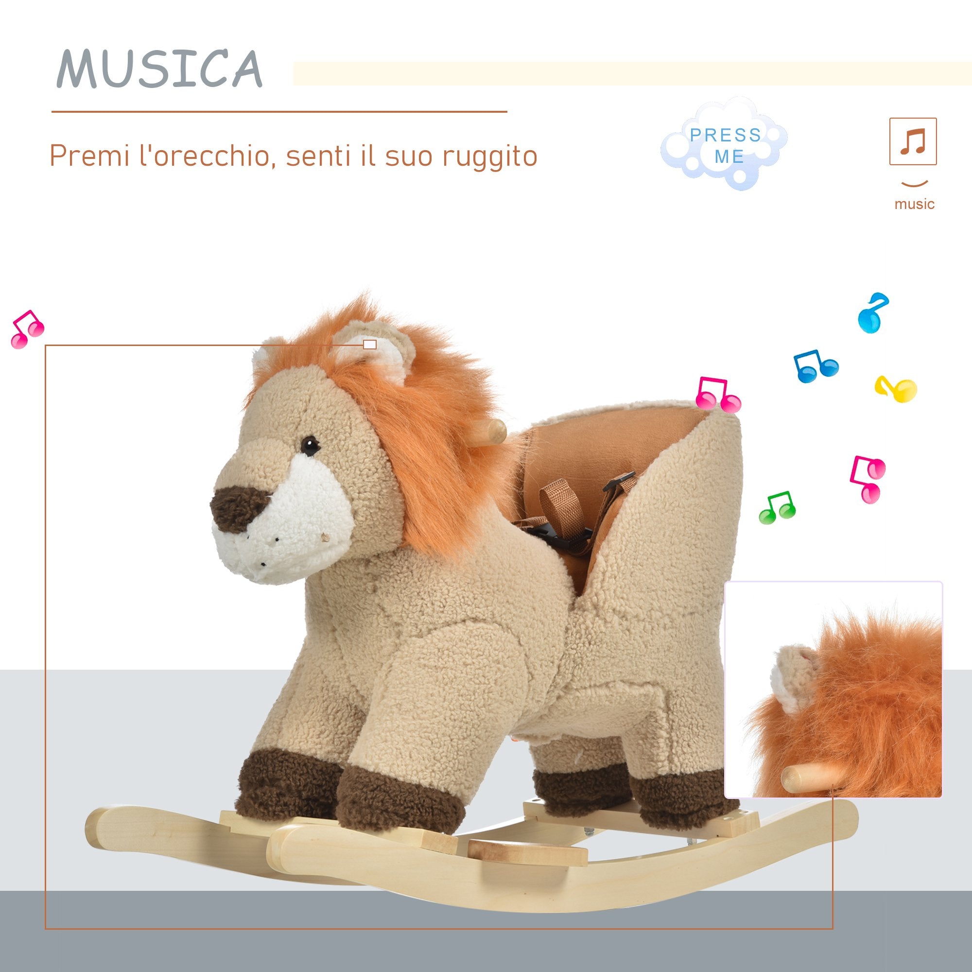 Easycomfort Dondolo Giocattolo a Forma di Leone per Bambini 18-36 Mesi, Ruggisce (3 Batterie Incluse), in Legno e Peluche