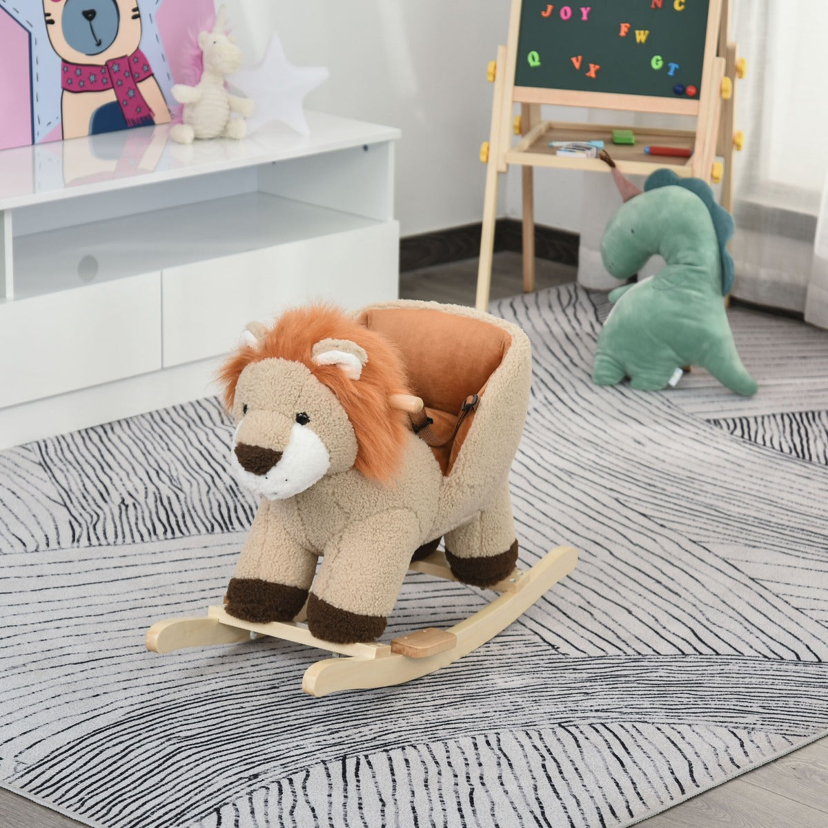 Easycomfort Dondolo Giocattolo a Forma di Leone per Bambini 18-36 Mesi, Ruggisce (3 Batterie Incluse), in Legno e Peluche