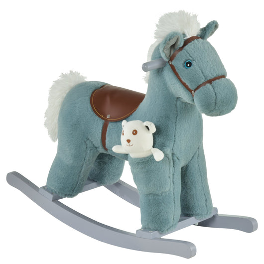 Easycomfort Cavallo a Dondolo per Bambini in Peluche e Legno con Suoni e Orsetto Incluso, per Bimbi da 18-36 Mesi, 65x26x55cm, Blu