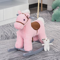 Easycomfort Cavallo a Dondolo in Legno e Peluche con Suoni e Orsetto Incluso, per Bimbi da 18-36 Mesi, 65x26x55cm, Rosa