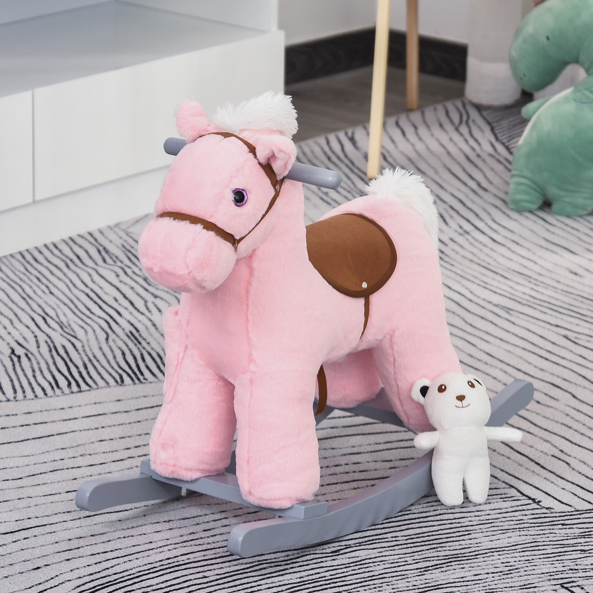 Easycomfort Cavallo a Dondolo in Legno e Peluche con Suoni e Orsetto Incluso, per Bimbi da 18-36 Mesi, 65x26x55cm, Rosa