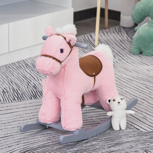 Easycomfort Cavallo a Dondolo in Legno e Peluche con Suoni e Orsetto Incluso, per Bimbi da 18-36 Mesi, 65x26x55cm, Rosa