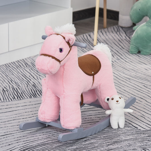 Easycomfort Cavallo a Dondolo in Legno e Peluche con Suoni e Orsetto Incluso, per Bimbi da 18-36 Mesi, 65x26x55cm, Rosa
