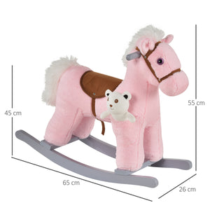 Easycomfort Cavallo a Dondolo in Legno e Peluche con Suoni e Orsetto Incluso, per Bimbi da 18-36 Mesi, 65x26x55cm, Rosa