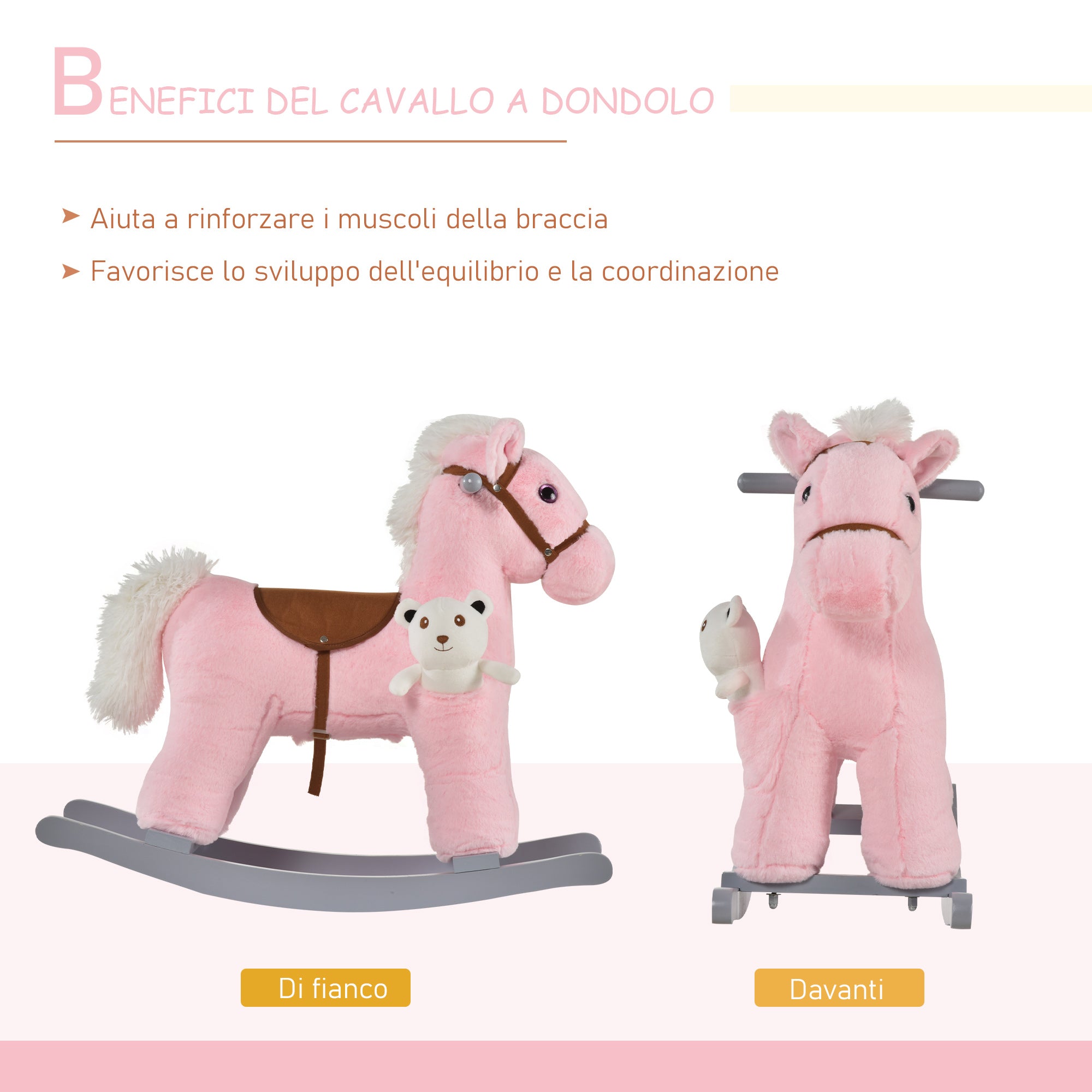 Easycomfort Cavallo a Dondolo in Legno e Peluche con Suoni e Orsetto Incluso, per Bimbi da 18-36 Mesi, 65x26x55cm, Rosa