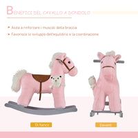 Easycomfort Cavallo a Dondolo in Legno e Peluche con Suoni e Orsetto Incluso, per Bimbi da 18-36 Mesi, 65x26x55cm, Rosa