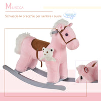 Easycomfort Cavallo a Dondolo in Legno e Peluche con Suoni e Orsetto Incluso, per Bimbi da 18-36 Mesi, 65x26x55cm, Rosa