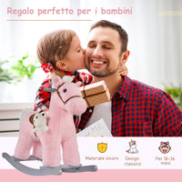 Easycomfort Cavallo a Dondolo in Legno e Peluche con Suoni e Orsetto Incluso, per Bimbi da 18-36 Mesi, 65x26x55cm, Rosa
