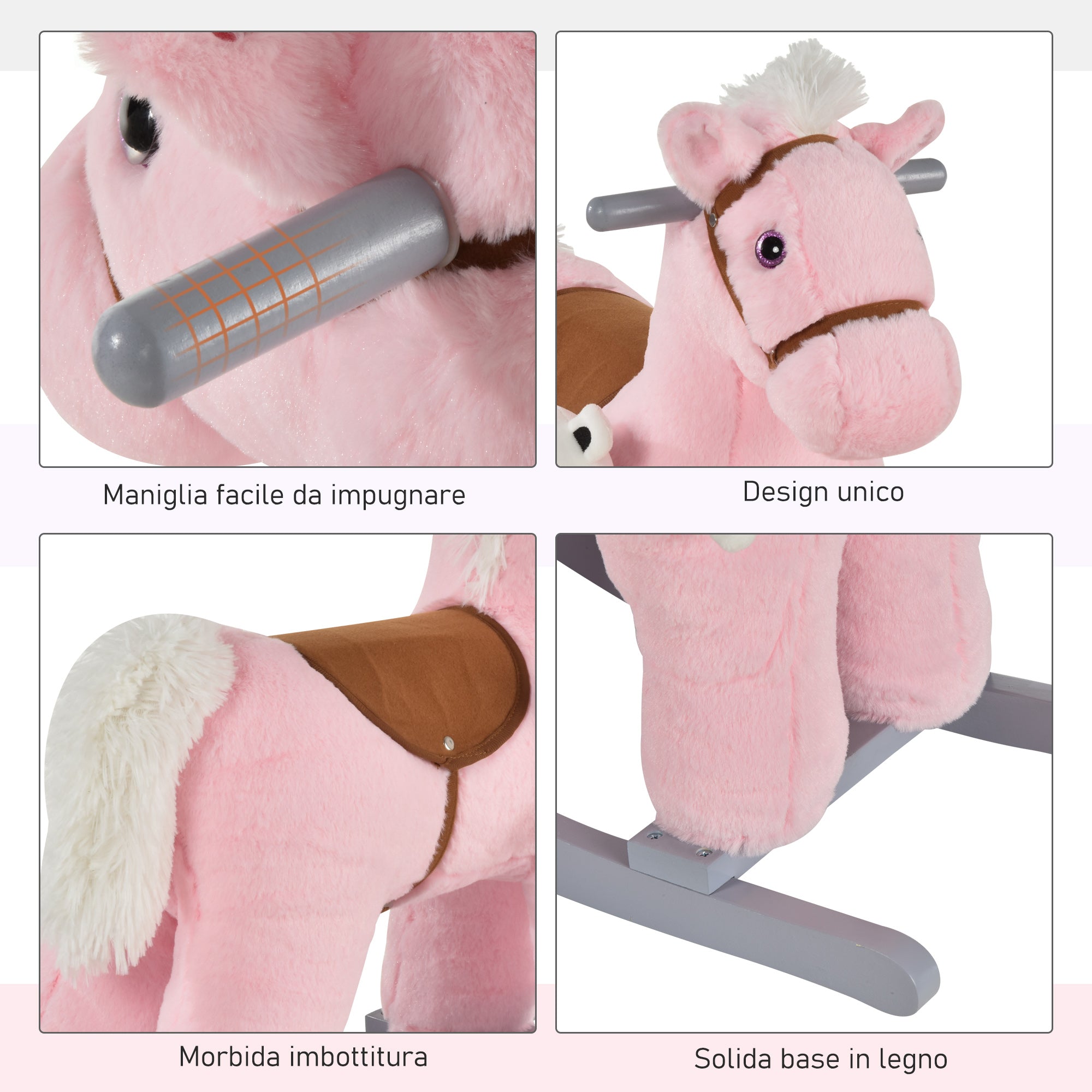 Easycomfort Cavallo a Dondolo in Legno e Peluche con Suoni e Orsetto Incluso, per Bimbi da 18-36 Mesi, 65x26x55cm, Rosa