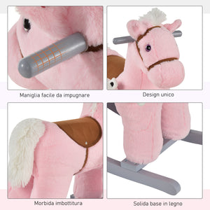 Easycomfort Cavallo a Dondolo in Legno e Peluche con Suoni e Orsetto Incluso, per Bimbi da 18-36 Mesi, 65x26x55cm, Rosa