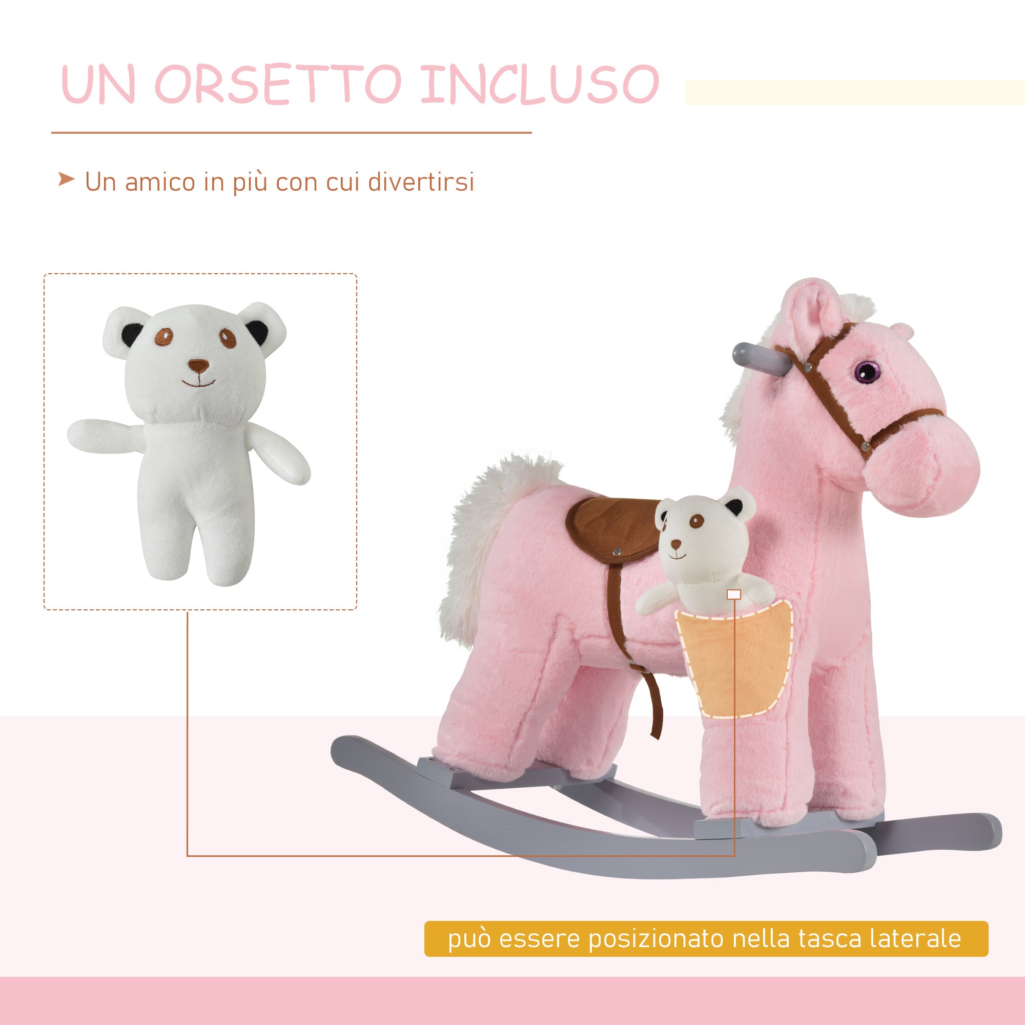 Easycomfort Cavallo a Dondolo in Legno e Peluche con Suoni e Orsetto Incluso, per Bimbi da 18-36 Mesi, 65x26x55cm, Rosa