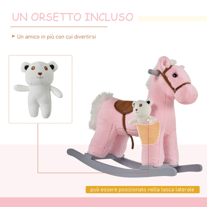 Easycomfort Cavallo a Dondolo in Legno e Peluche con Suoni e Orsetto Incluso, per Bimbi da 18-36 Mesi, 65x26x55cm, Rosa