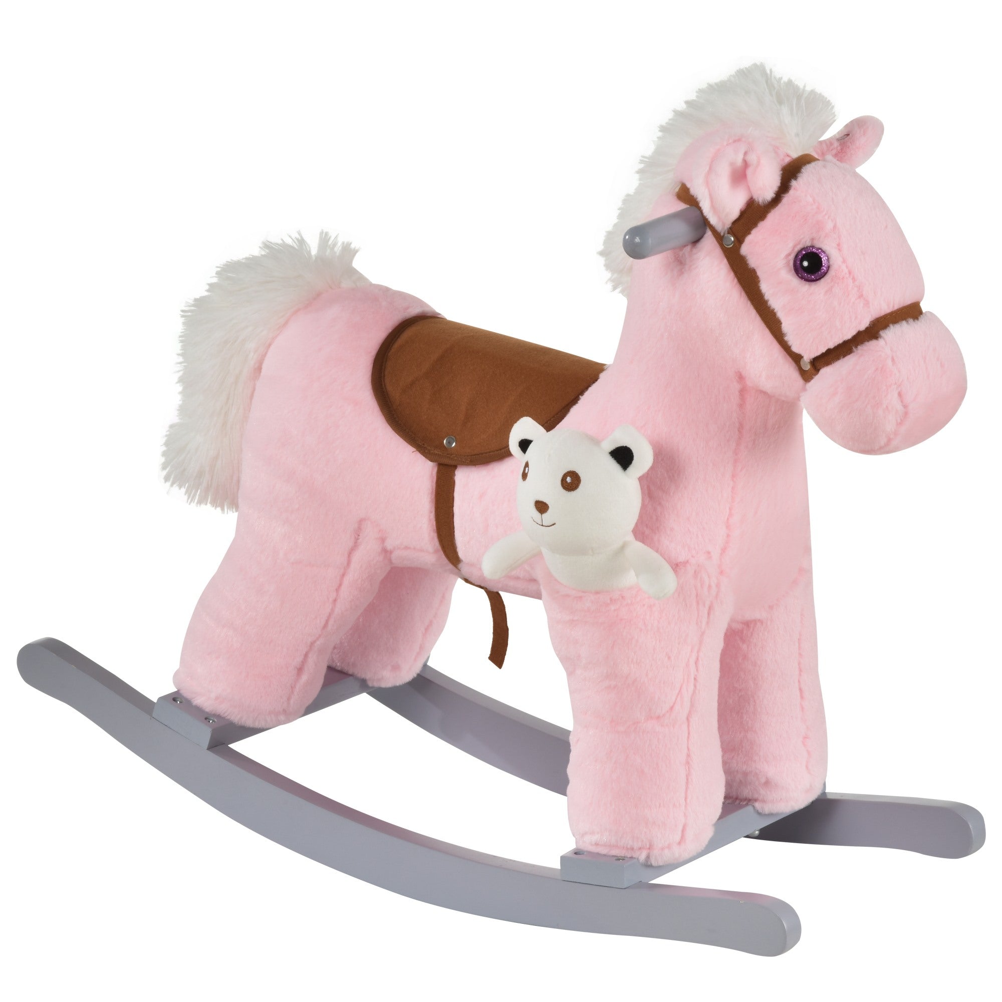 Easycomfort Cavallo a Dondolo in Legno e Peluche con Suoni e Orsetto Incluso, per Bimbi da 18-36 Mesi, 65x26x55cm, Rosa
