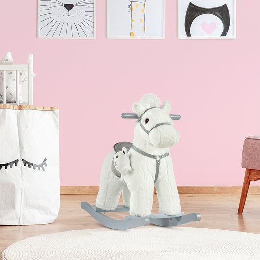 Easycomfort Cavallo a Dondolo in Peluche e Legno con Suoni e Orsetto Incluso, per Bimbi da 18-36 Mesi, 65x26x55cm, Bianco