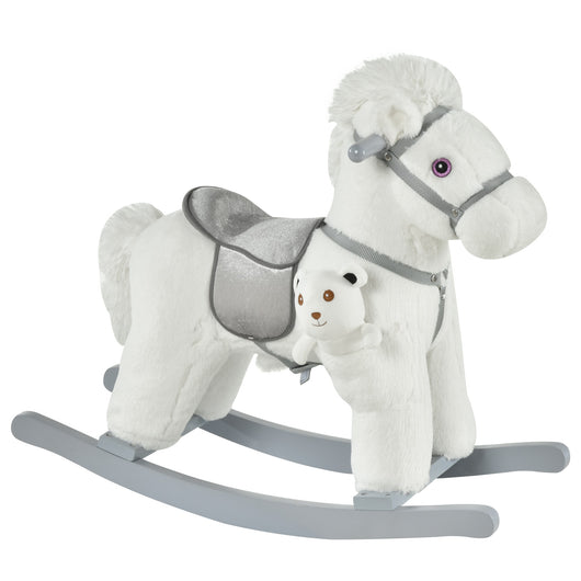 Easycomfort Cavallo a Dondolo in Peluche e Legno con Suoni e Orsetto Incluso, per Bimbi da 18-36 Mesi, 65x26x55cm, Bianco