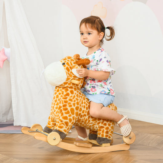Easycomfort Cavallo a Dondolo per Bambini 3-6 Anni a Giraffa con Ruote e Suoni, 63x38x63cm, Giallo