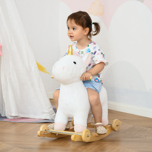 Easycomfort Cavallo a Dondolo 2 in 1 a Unicorno con Base Curva e Ruote, Suoni Integrati e Rivestimento Peluche, 63x38x63cm, Bianco