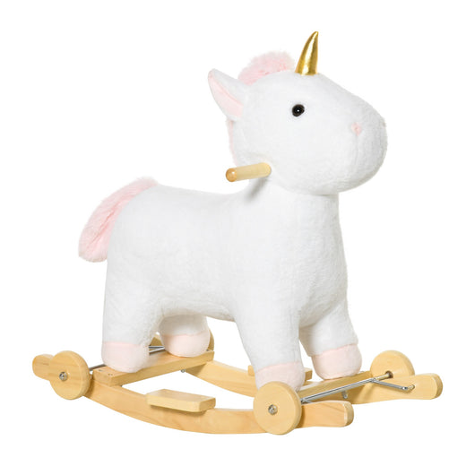 Easycomfort Cavallo a Dondolo 2 in 1 a Unicorno con Base Curva e Ruote, Suoni Integrati e Rivestimento Peluche, 63x38x63cm, Bianco