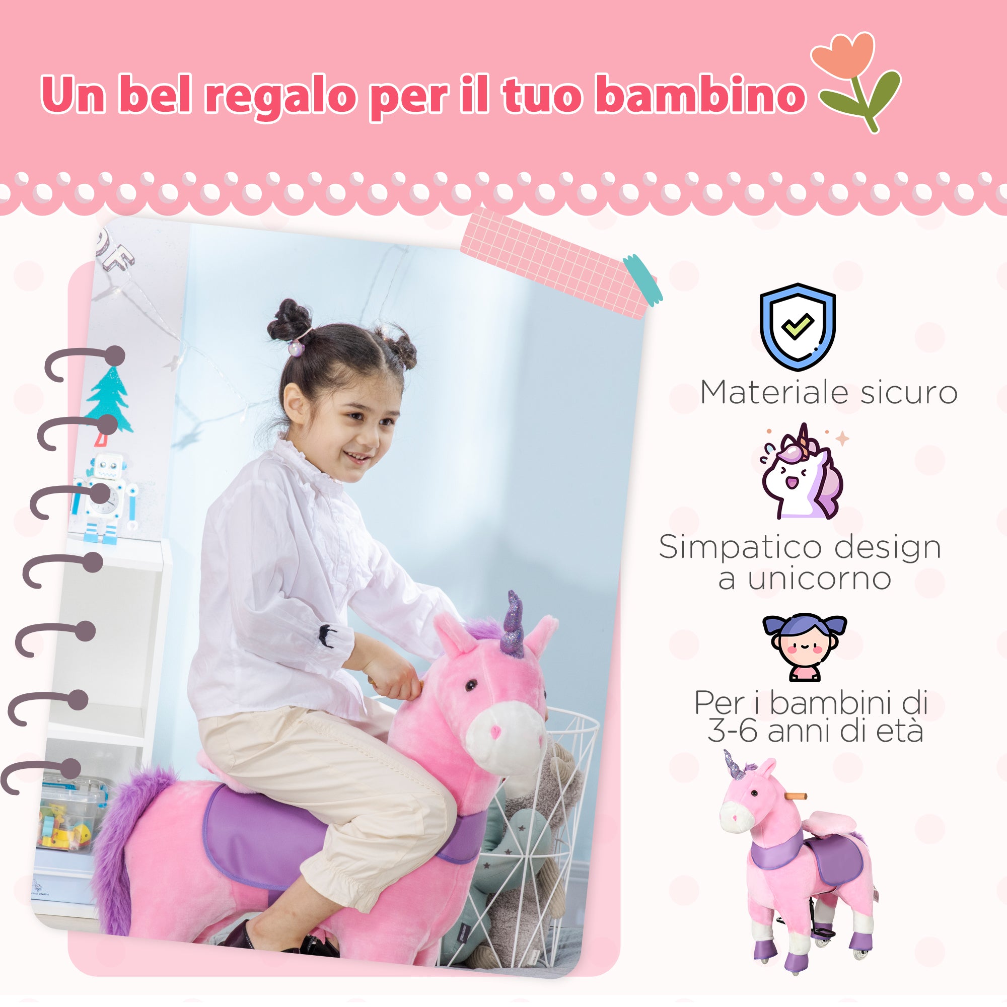 Easycomfort Cavallo a Dondolo con Ruote a Forma di Unicorno per Bambini da 3-6 Anni, 70x32x87cm, Rosa