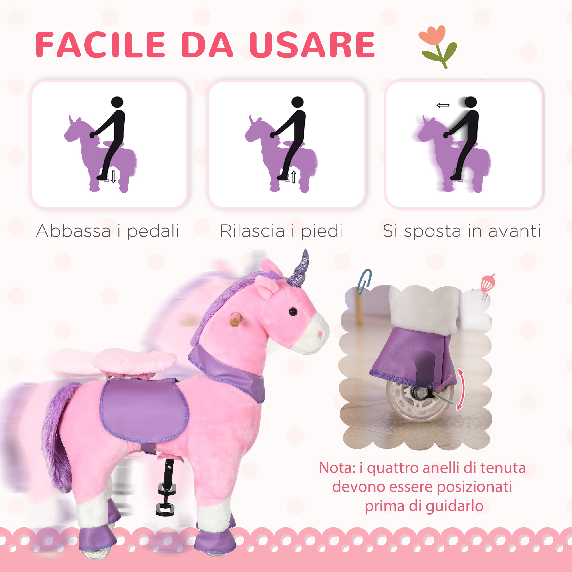 Easycomfort Cavallo a Dondolo con Ruote a Forma di Unicorno per Bambini da 3-6 Anni, 70x32x87cm, Rosa