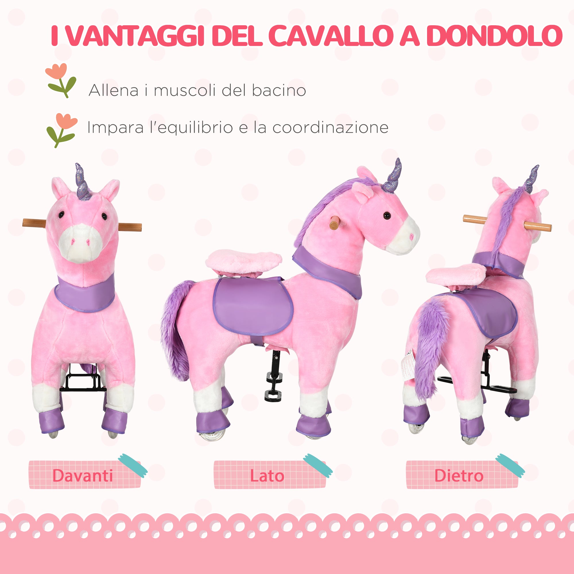 Easycomfort Cavallo a Dondolo con Ruote a Forma di Unicorno per Bambini da 3-6 Anni, 70x32x87cm, Rosa
