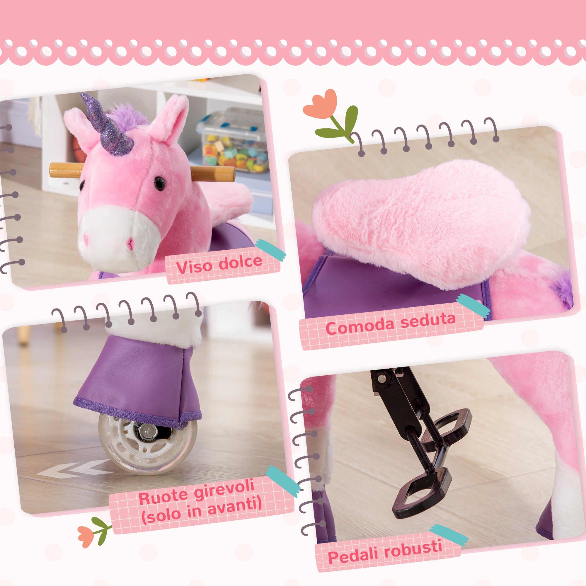 Easycomfort Cavallo a Dondolo con Ruote a Forma di Unicorno per Bambini da 3-6 Anni, 70x32x87cm, Rosa