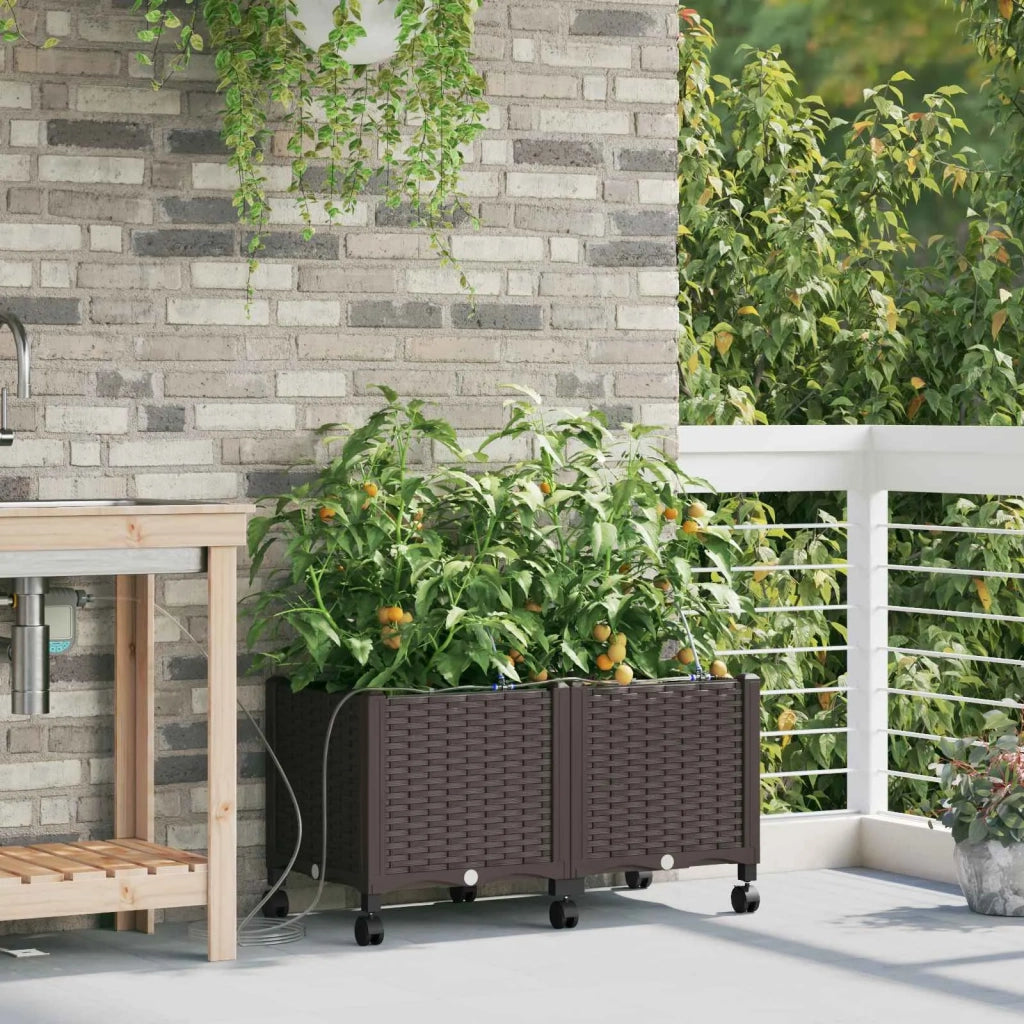 Vaso da Giardino con Irrigazione e Ruote 2 pz Marrone PP 3422994
