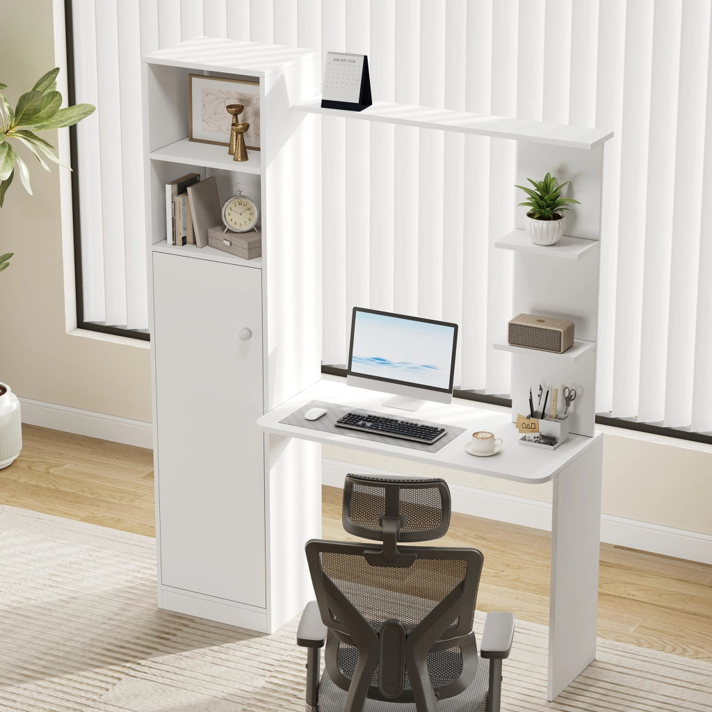 Scrivania multifunzione con armadietto e ripiani, design moderno, 123,5 x 45 x 168,5 cm, bianco