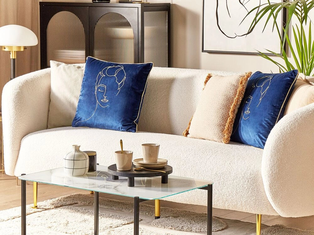 Set di 2 cuscini decorativi in velluto blu e oro 45 x 45 cm motivo viso glamour accessori decorativi