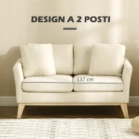 Divano da 2 Posti in Legno di Eucalipto e Tessuto Effetto Lino con 2 Cuscini, 137x78x78 cm, Beige