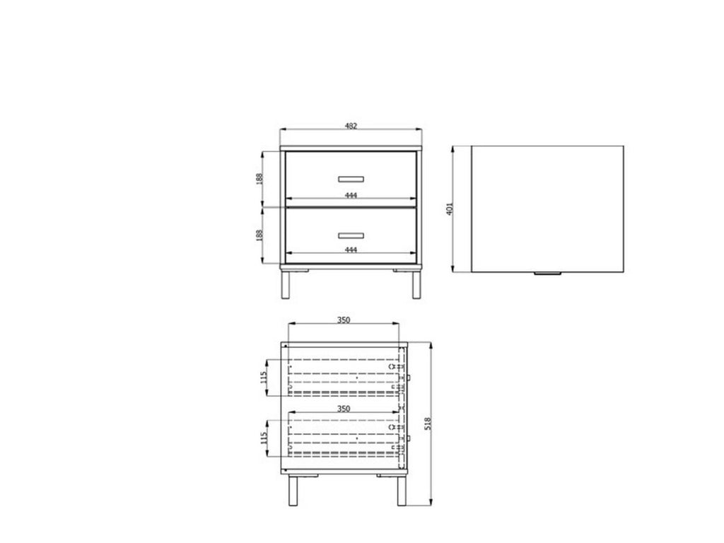 Piea, Comodino 2 Cassetti, 48x40x52h cm Marrone Rovere