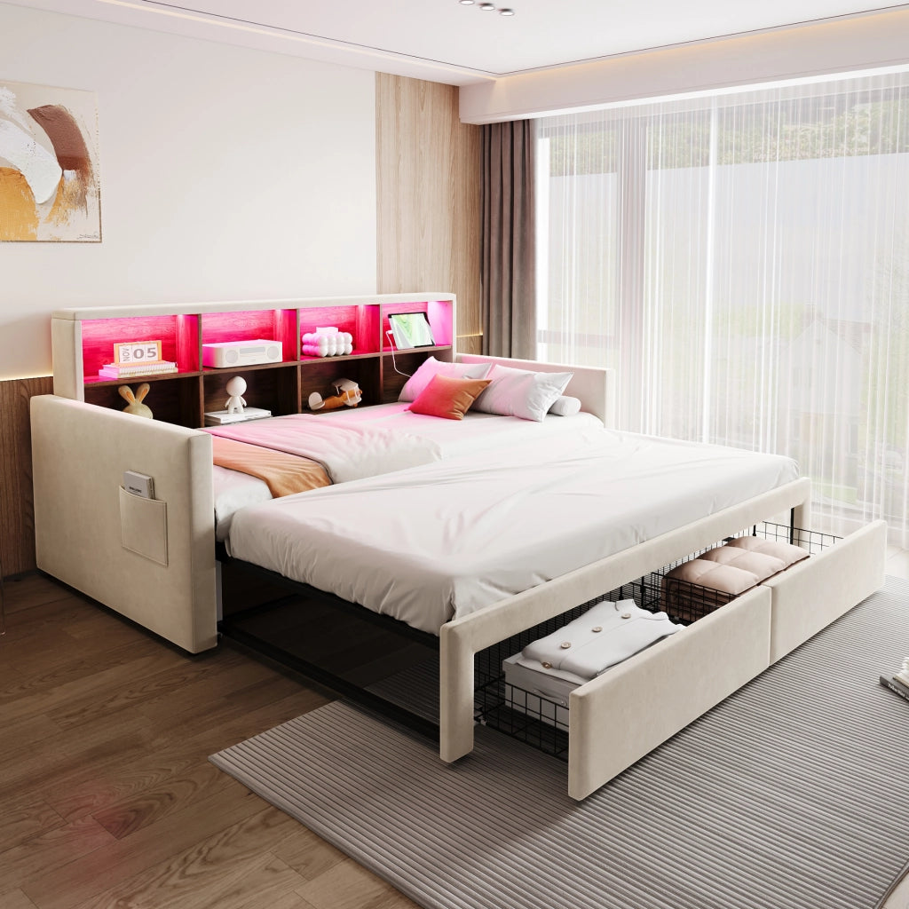 OKWISH Letto Divano, Letto Singolo con Estensione Estraibile, 2 Cassetti, LED, USB e Tipo C, 90 x 190 cm, senza Materasso