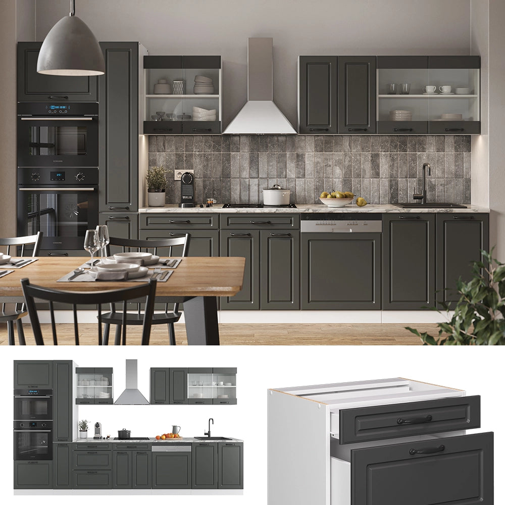 Vicco Mobile da cucina Antracite casa di campagna/bianco 350 cm con armadio alto, PL Marmo