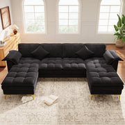 Divano angolare a U modulare con 2 chaise longue e cuscini in ciniglia nera per soggiorno 262 × 134 × 86 cm