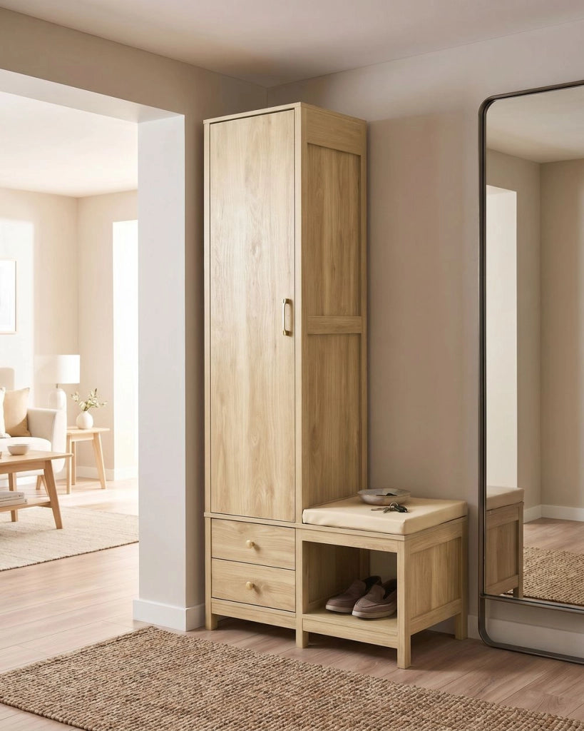 Mobile da Ingresso Alto con Seduta, Appendiabiti, 2 Cassetti e Ripiani a Vista in Truciolato e MDF Color Rovere Chiaro